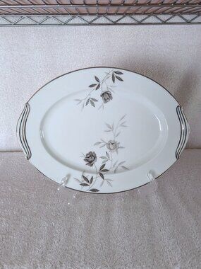 Noritake Rosamor 12" Oval Platter White Black Roses Silver